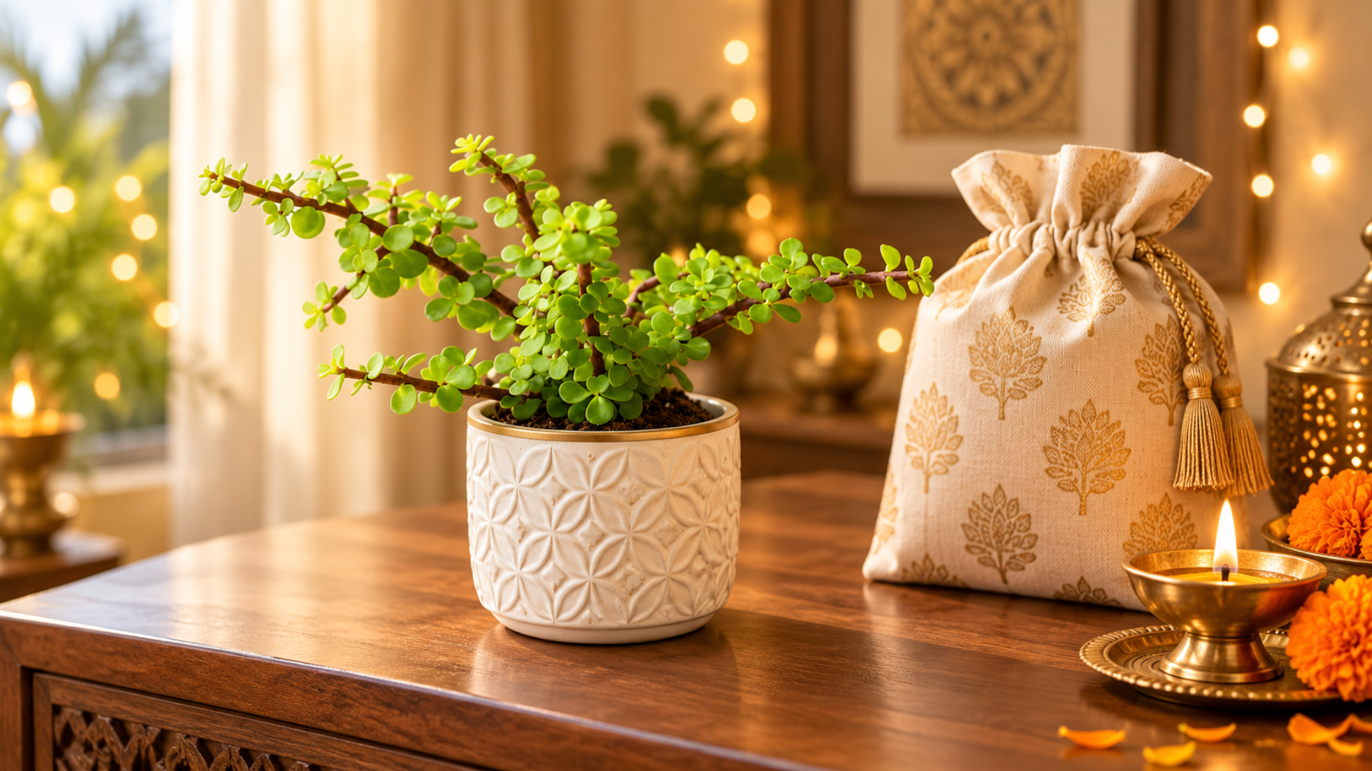 A Jade plant for Diwali occasion kept on the cupboard. 